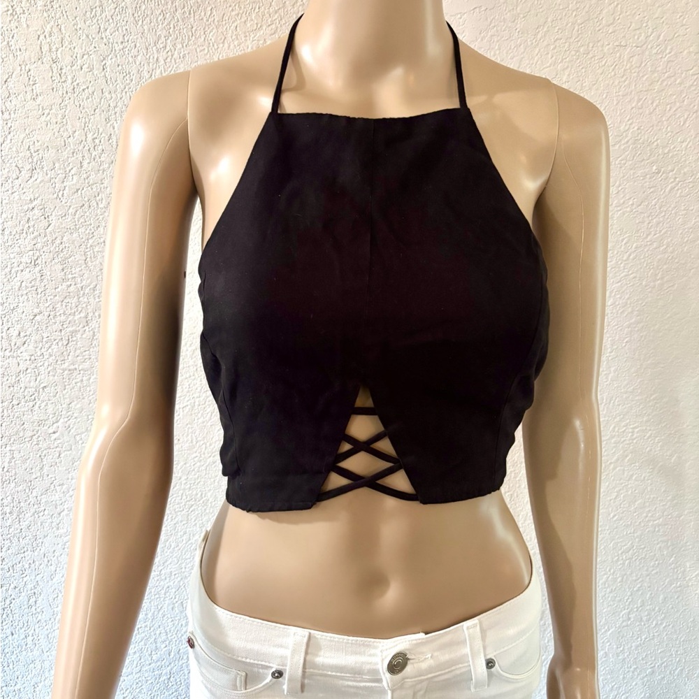 TOBI Black Low-Back Cropped Halter Top w/ Cutout Detail
